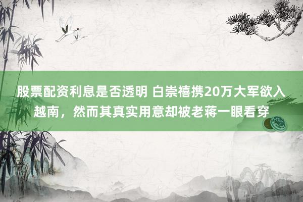 股票配资利息是否透明 白崇禧携20万大军欲入越南，然而其真实用意却被老蒋一眼看穿